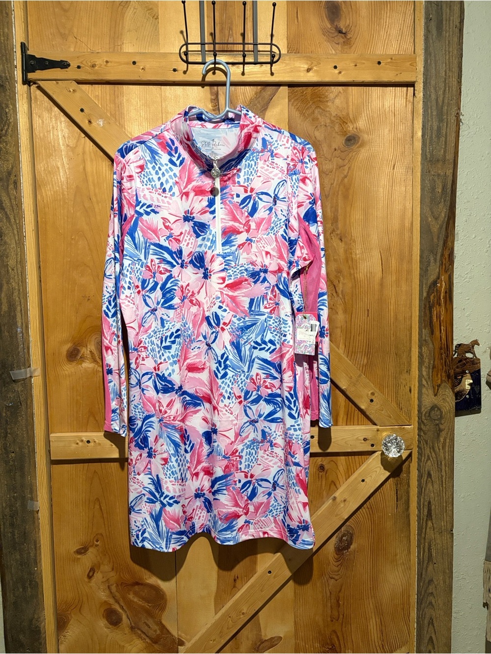 Floral Zip-Front Midi Dress in Pink and Blue